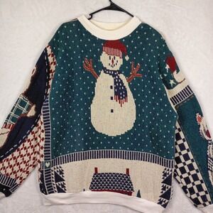 Sugar Street Weavers Sweater Womens OS Multi Snowman Teddy Bear 90s Vintage Cozy